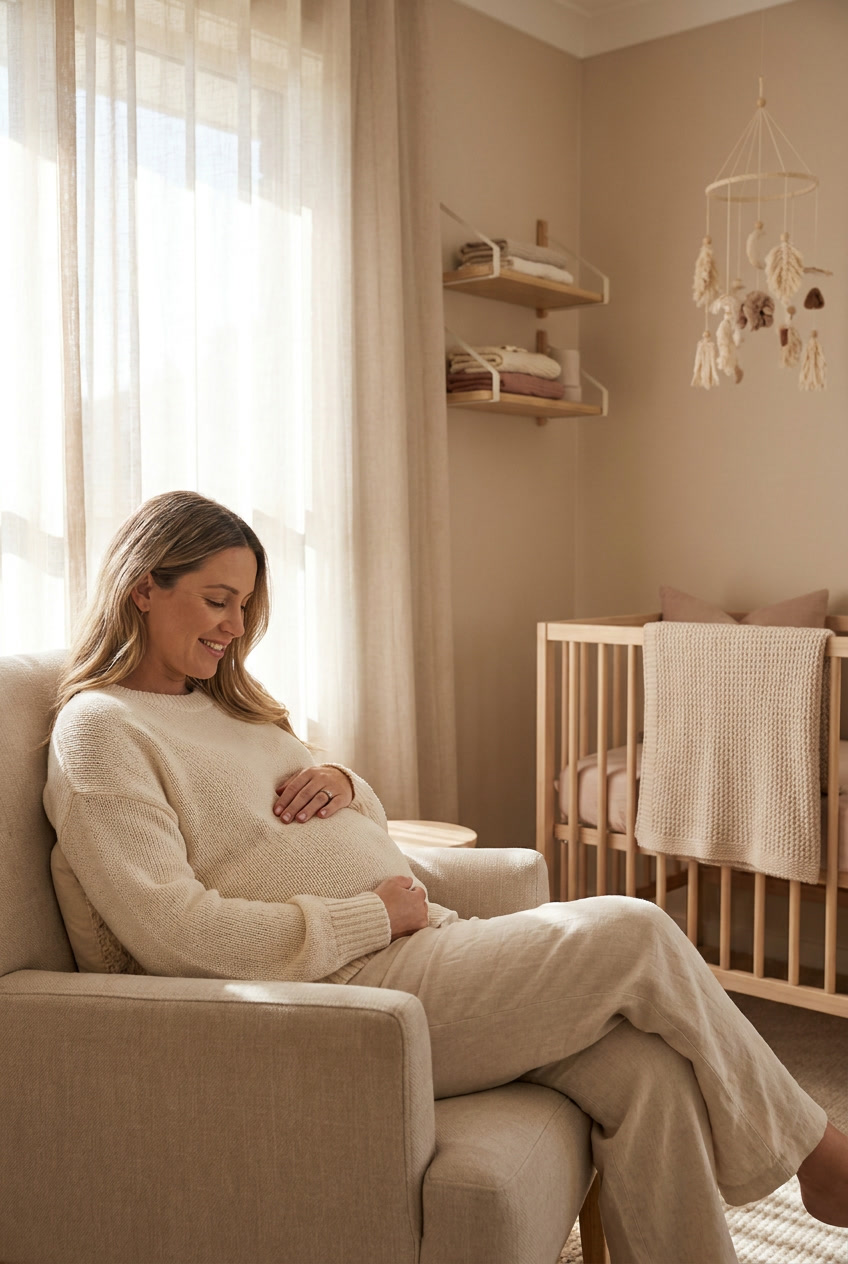 Przyszła mama w jasnym pokoju dziecięcym